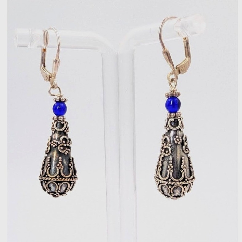 VTG Teardrop Earrings 925 Sterling Silver Filigree Ornate Blue Dangle